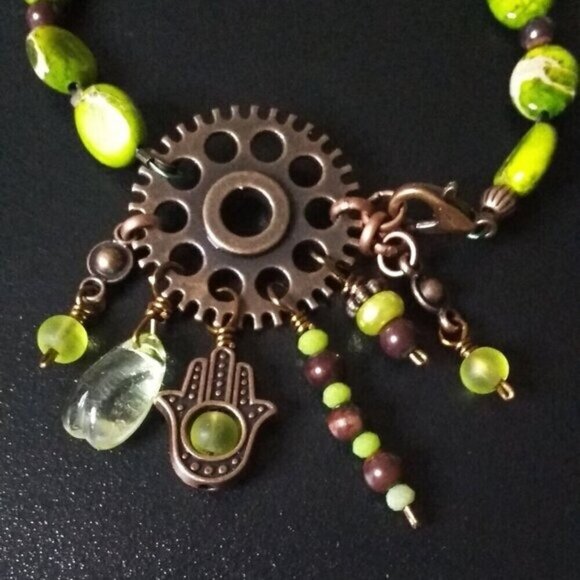 Green Sea Sediment Jasper & Copper Bracelet! Steampunk Elements w. Hamsa Hand - Picture 7 of 9